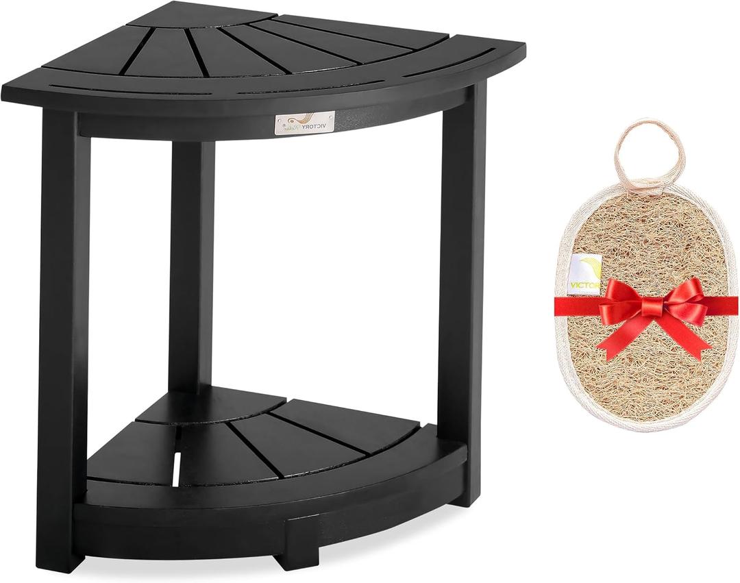 Acacia Wood Corner Shower Stool - Waterproof Triangular Bathroom Bench with Storage Shelf & Soap Dish for Shaving, Black Wood (17.9x12.7x16.5)