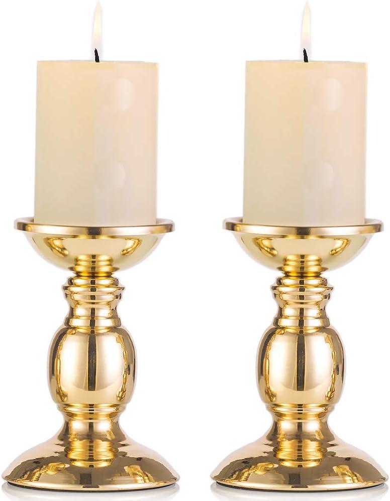 2 Pcs Gold Pillar Candle Holders, Gold Candlestick Most Ideal for 3" Pillar Candles, Gifts for Wedding, Party, Home, Spa, Reiki, Votive Candle (2 x S)