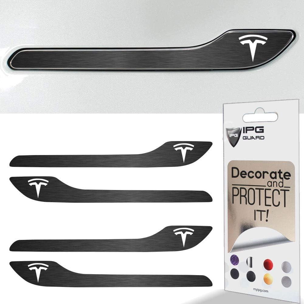 IPG for Tesla Model 3 / Model Y Door Handle Decal Sticker Wrap Kit (Set of 4) with Tesla Logo (Midnight Silver Brushed Aluminum)