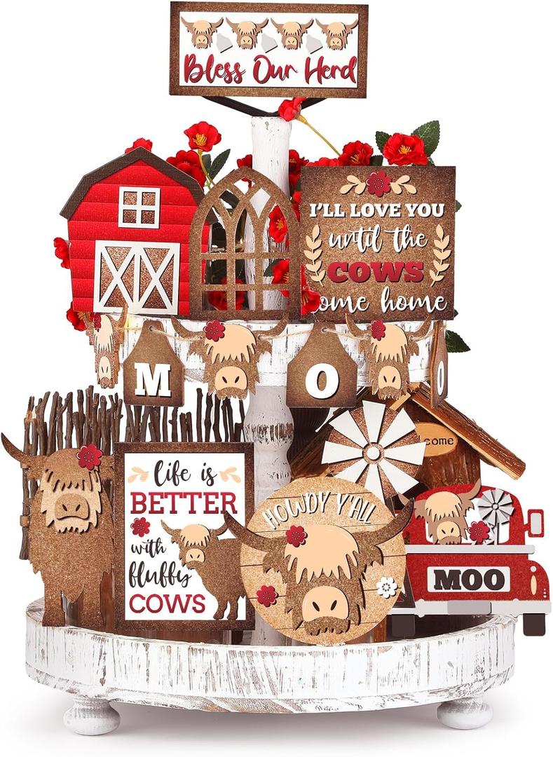 GlikCeil 20 Pcs Highland Cow Tiered Tray Decor Set Wood Cow Sign Rustic Farmhouse Table Centerpiece for Home Kitchen Table Shelf(Classic)