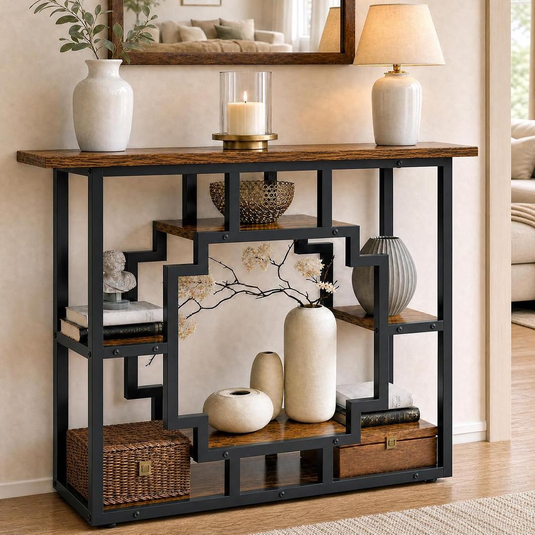 HavenlyYouth 41.3 Inch Entryway Table, Narrow Console Table Behind Couch, Accent Sofa Table with Storage Shelves for Hallway, Entrance, Foyer, Living Room, Rustic Brown, 41.3" X 11.8" X 31.5"