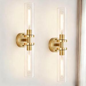AT-VALY Brushed Brass Wall Sconces Set of 2, Modern Clear Glass Wall Sconces, 2-Light Gold Vanity Lights for Bathroom, Mid Century Modern Hardwired Wall Light Fixtures for Bedroom Living Room Hallway
