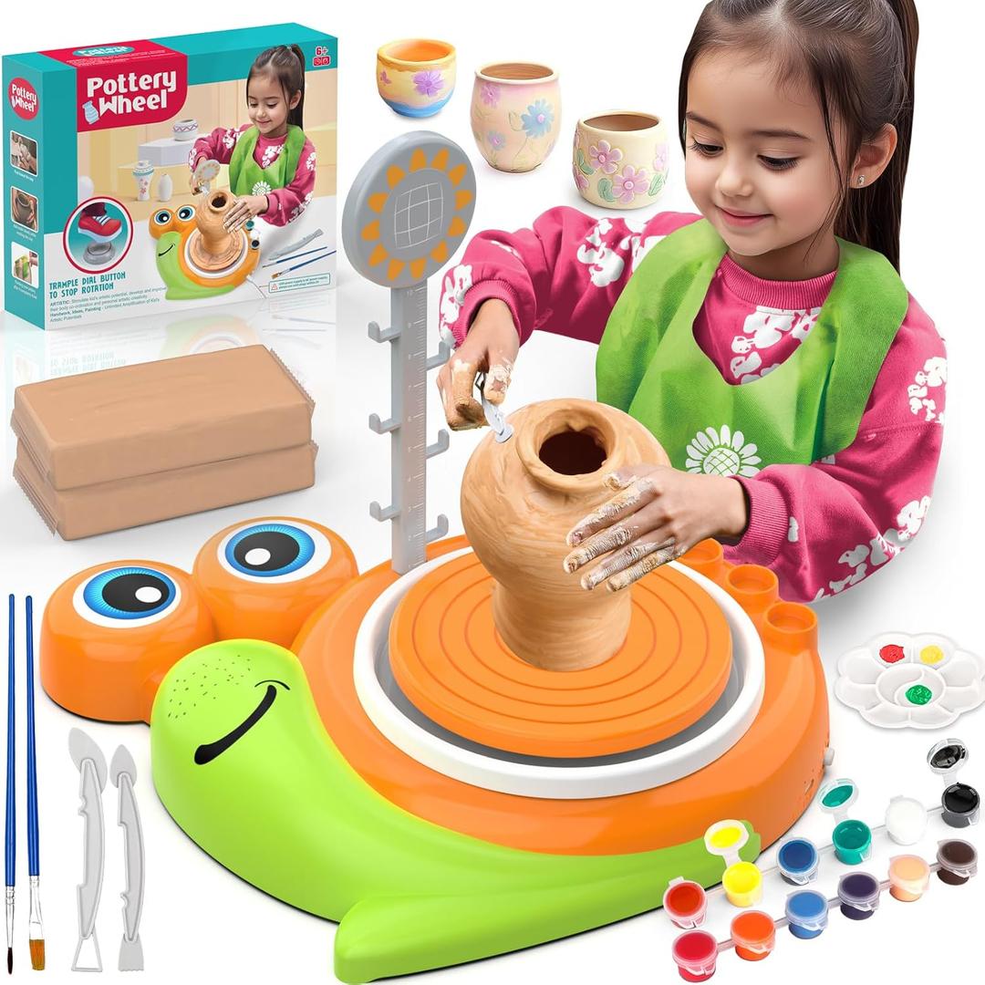 Pottery Wheel for Kids-Complete Pottery Painting Kit Arts and Crafts for Kids Ages 8-12, Clay Sculpting Tools with 1.7lb Air Dry Clay, Birthday Christmas Gifts Toys for Boy Girls Age 6 7 8 9 10 11 12 (Orange-Snail)