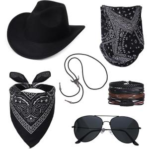 HOVEOX 6 Pieces Cowboy Costume Outfit for Men Women Hat Scarf Accessories Set for Halloween Cosplay (Black)