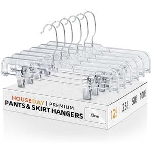 HOUSE DAY 12 Pack 14 inch Clear Plastic Skirt Hangers with Adjustable Clips, Pants Hangers 360-Rotating Swivel Hook, Clip Hangers for Pants, Trousers, Skirts, Jeans, Bulk Plastic Hangers