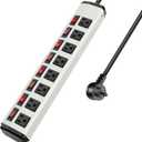 8 Outlet Metal Power Strip with Individual Switches,Heavy Duty Appliance Power Strip with Flat Plug,1200J Surge Protector,6FT Extension Cord 15A 120V 1800W for Home Office School Shop Industrial (White)