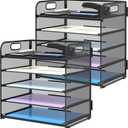 Supeasy 2 Pack 5-Tier Desk Organizer with Handle Mesh Desk File/Paper Organizer Letter Tray for Office, School, Classroom and Home Easy Installation, Black