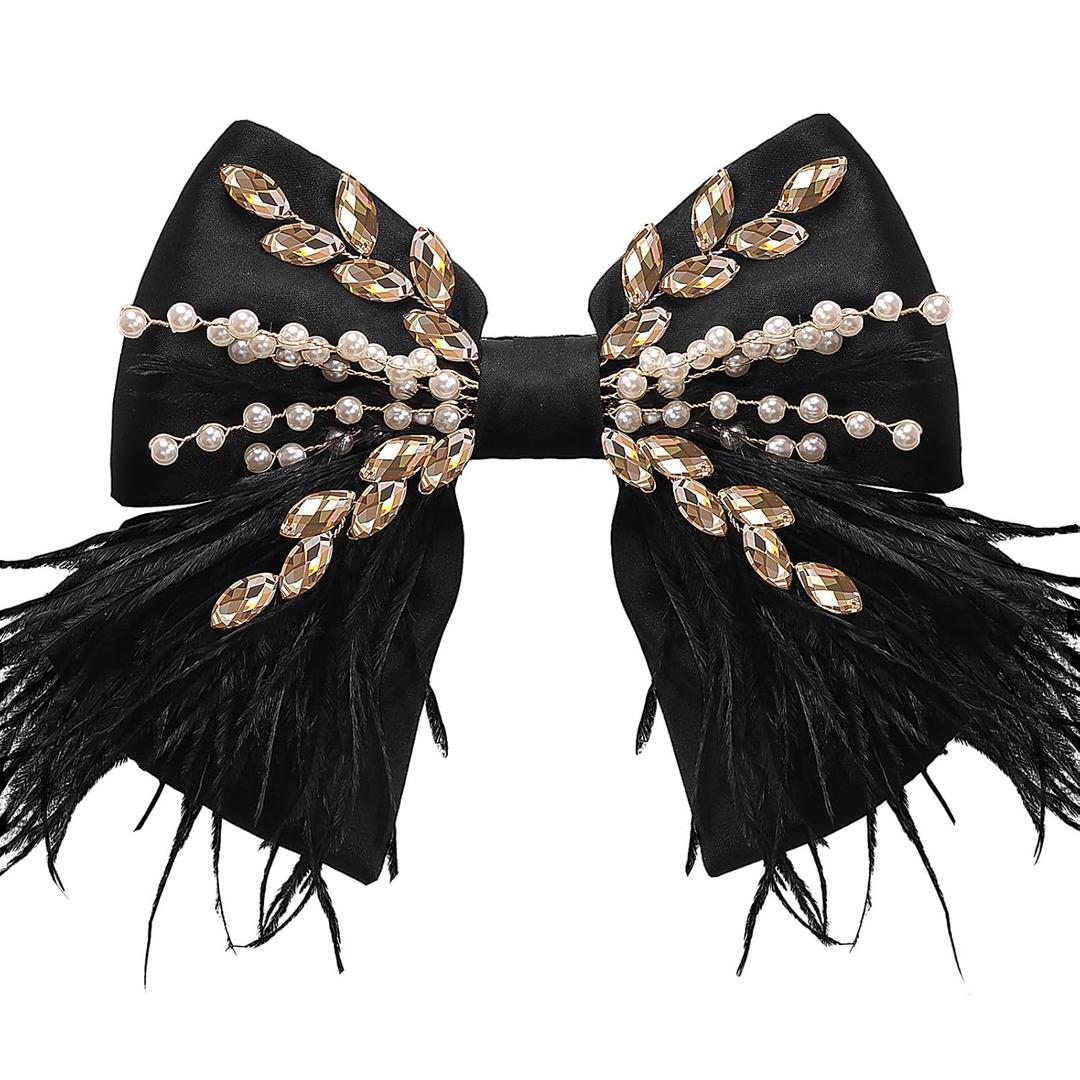 CROWN GUIDE Large Hair Bows Clips for Women Girls Silk Satin Hair Barrettes, Feather Coquette Bows Hair Ties Ribbon Bow Claw Clip Hair Accessories with Pearl Crystal Black