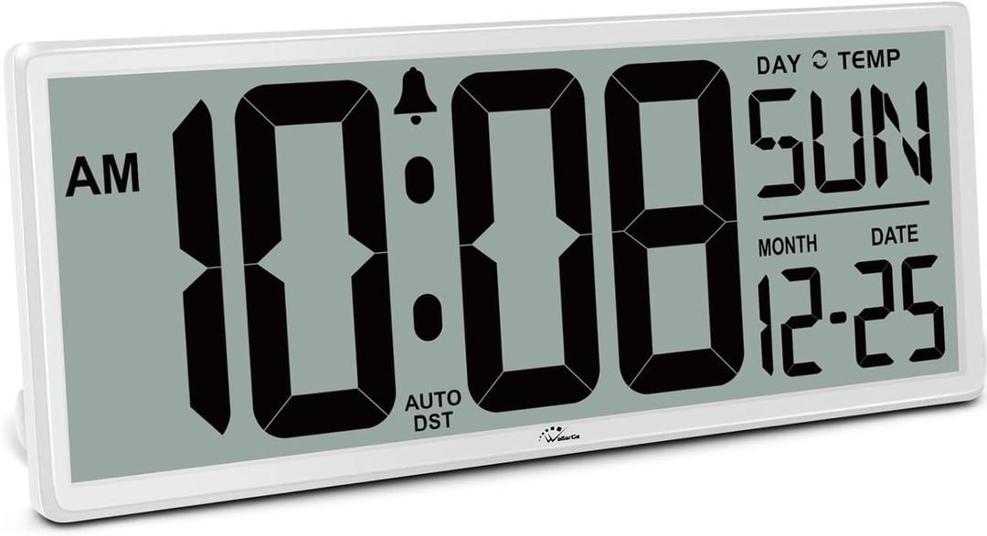 WallarGe 14.5'' Large Digital Wall Clock Battery Operated with Jumbo Numbers, Temperature and Date - Easy to Read and Set, Auto DST (White)