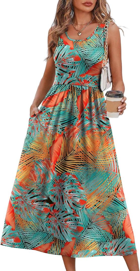 WIHOLL Summer Dresses for Women Flowy Casual Midi Dress Beach Vacation Sundresses with Pockets, L