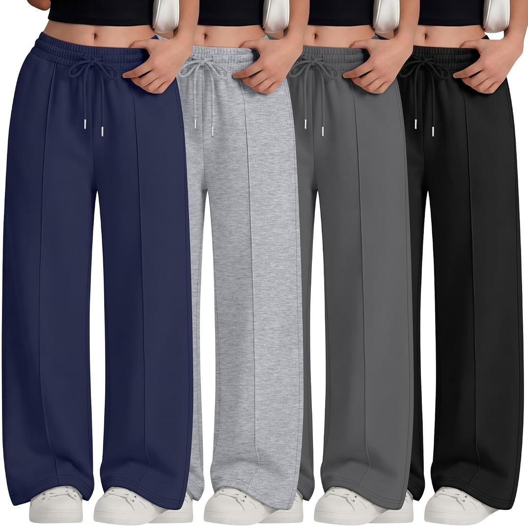 4 Pack Girls Sweatpants Teen Girls Baggy Wide Leg Pants Drawstring Joggers Athletic Trousers with Pockets 13-14Y