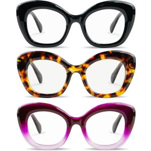 Reading Glasses for Women 3 Pack Oprah Stylish Cat Eye Oversize Readers Blue Light Blocking with Spring Hinge