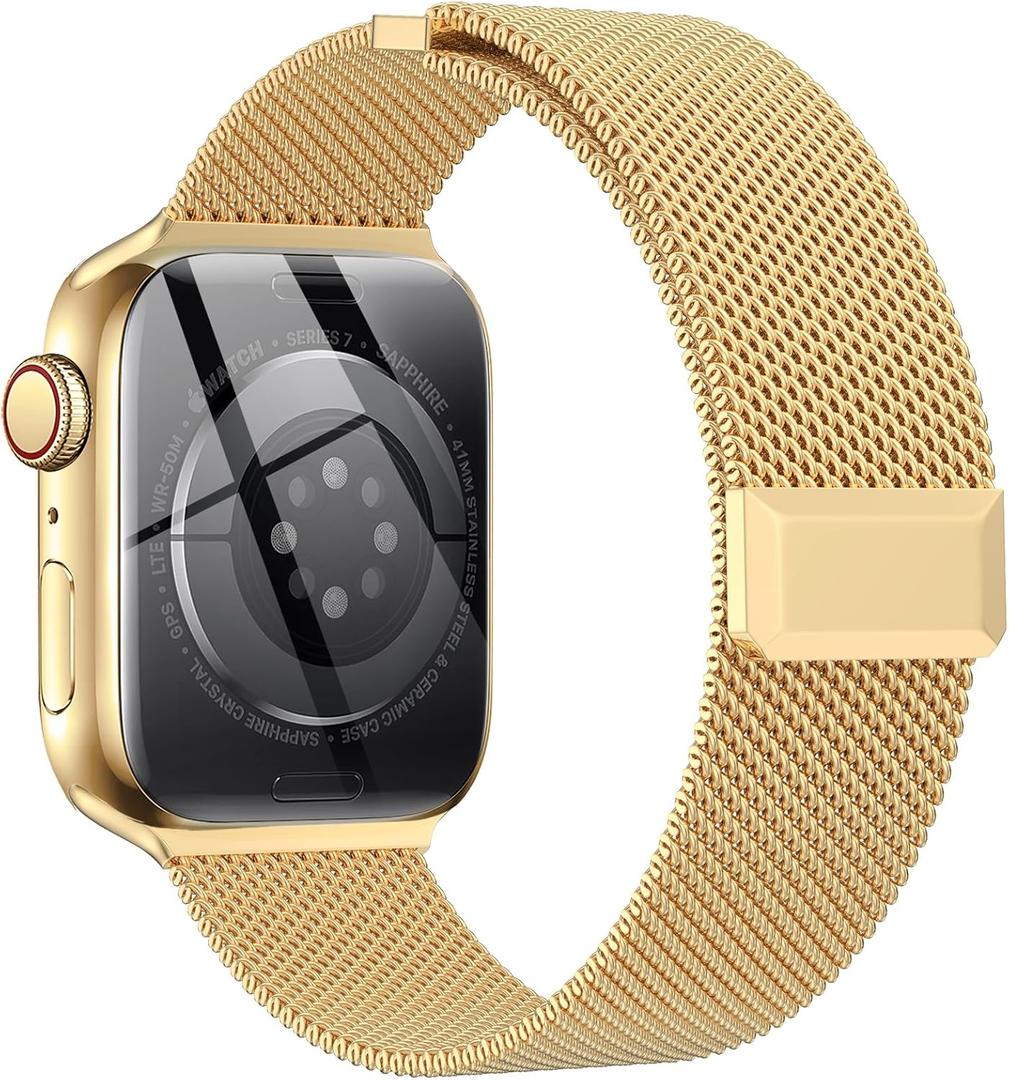 EPULY Compatible with Apple Watch Band 38mm 40mm 41mm 42mm(Series 10),Stainless Steel Mesh Loop Magnetic Clasp Bands for iWatch Series SE 9 8 7 6 5 4 Women Men-42/41/40/38mm Gloden