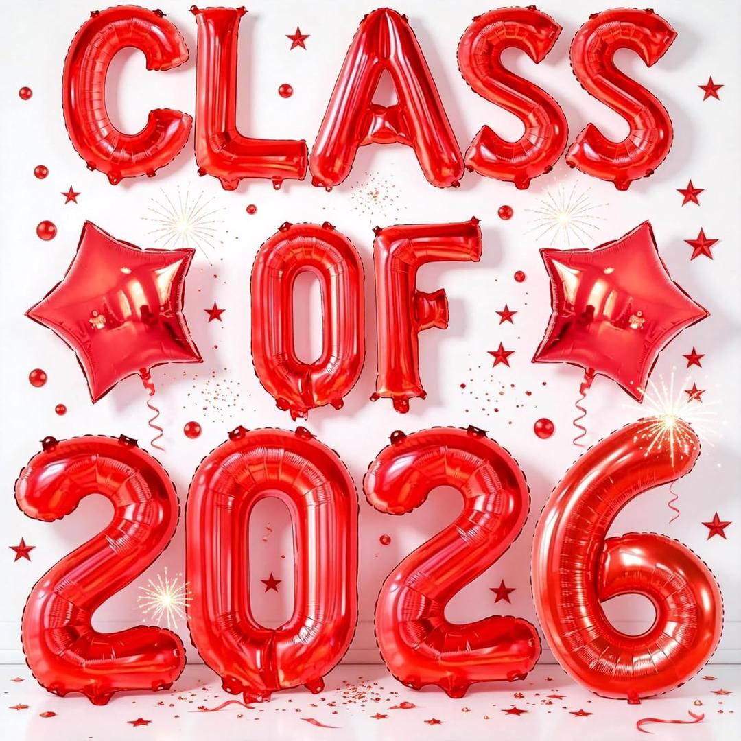 Red Class Of 2026 Balloons 32/18/16 Inch Graduation Balloons Class of 2026 Decorations Red Star Foil Balloons for Grad High School College Prom Graduation Sign Party Decorations Supplies
