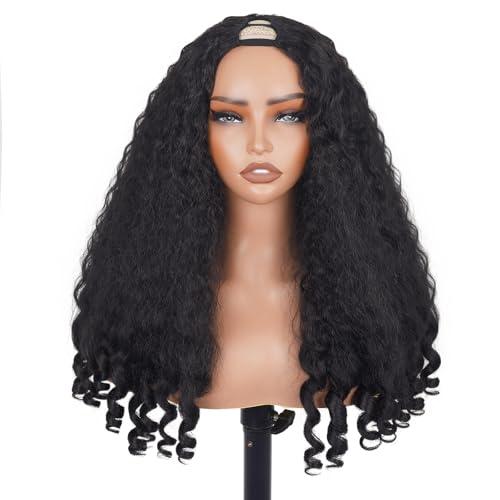 PREMPO Afro Wig V Part Kinky Curly Wigs for Black Women, 180% Density Wear and Go Glueless Wig with Unique Bouncy Curls in the End, Synthetic No Leave out Clip in (Black, 20 Inch)