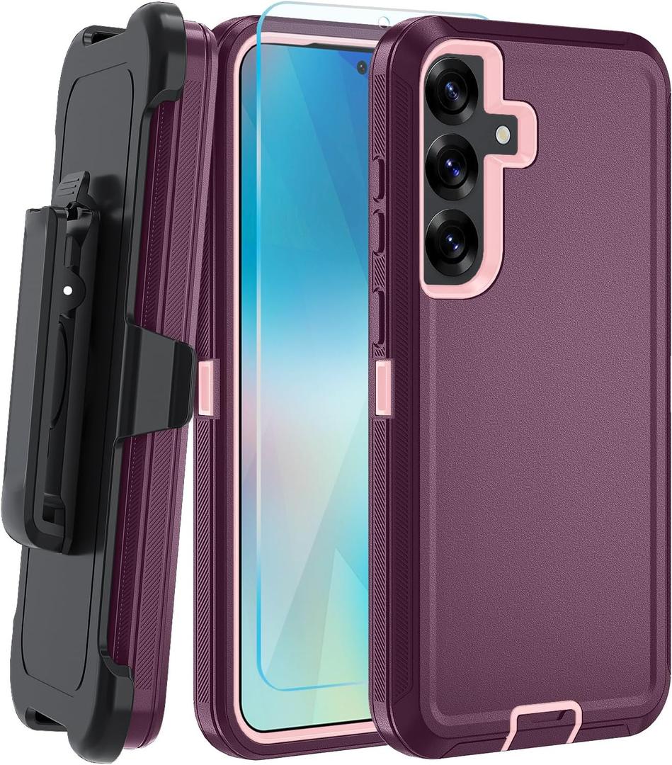 for Samsung Galaxy S25 Plus Case, with HD Tempered Glass Screen Protector, Heavy Duty Shockproof Drop Protective Rugged Tough Durable Phone Cover (with Belt Clip-Wine red/Pink)