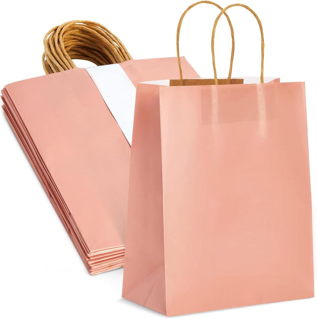 Juvale 15-Pack of Pink Glossy Medium Paper Gift Bags with Handles 8x4x10 Inches for Wedding Receptions, Baby Showers, Birthday Party Favors, Bridal Shower, Decorations