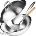 Willow & Everett Stainless Steel Flat Bottom Wok Pan, Professional Traditional Stir Fry Cookware w/Domed Lid & Spatula, Low Maintenance Rust & Scratch Resistant for Induction Gas Electric Stove Top