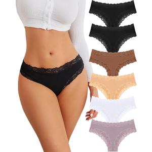 FINETOO Cotton Underwear for Women Sexy Panties Lace Hipster Low Rise Breathable Womens Cheeky 6 Pack (Medium, Black*2+brick Yellow+apricot+white+khaki)
