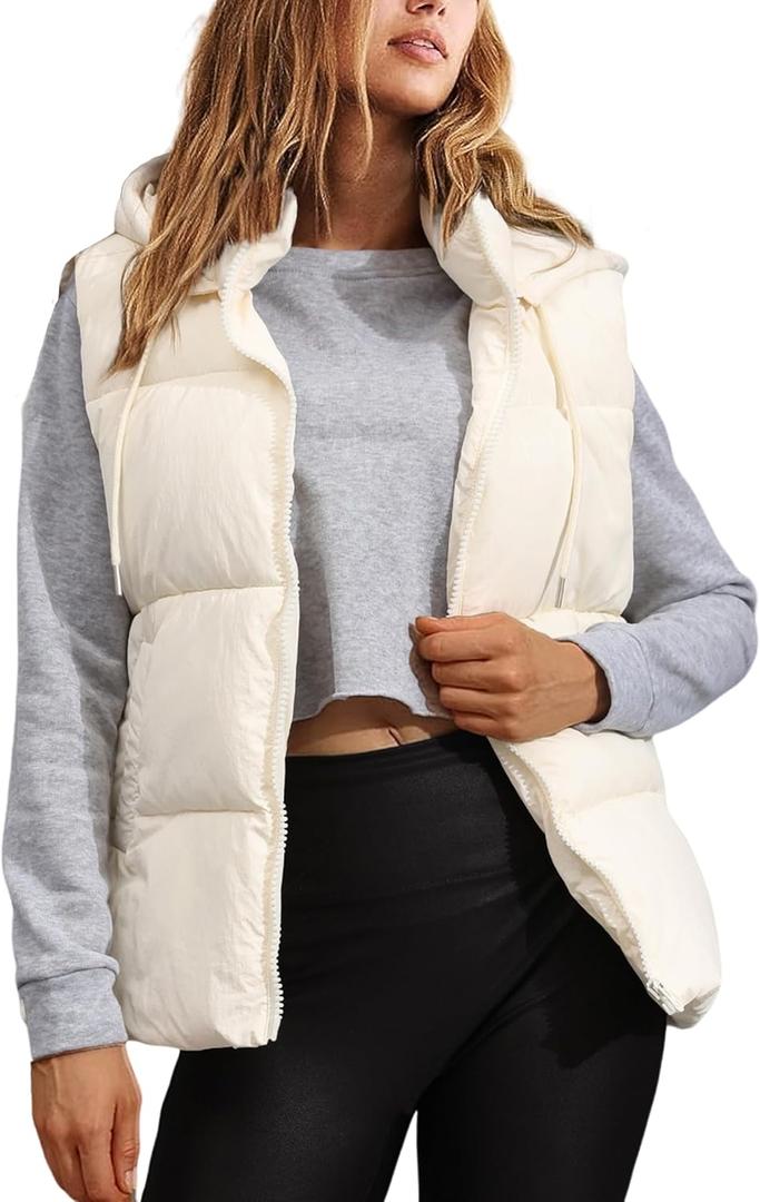 Tanming Black Puffer Vest Women Zip Up Lightweight Sleeveless Winter Outerwear Vests with Hood (Large, Beige)