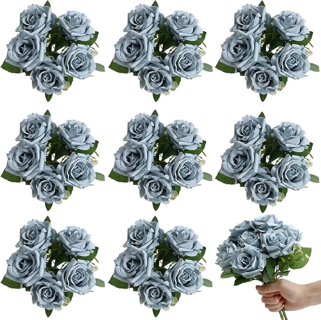 Artificial Roses Bouquets - 8 Bundles Fake Silk Flowers Realistic Faux Florals Bulk for Wedding Bridal Party Baby Shower Event Home Arrangements Centerpieces Decorations (Dusty Blue)