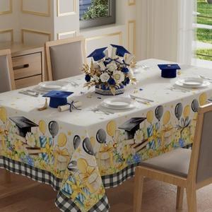 XCHI Watercolor Plaid Grad Cap Gift Flowers Balloon Stars Graduation Tablecloth Rectangle Table Cloth Table Covers for Indoor Dining Home Party Decorations 60x120 Inch