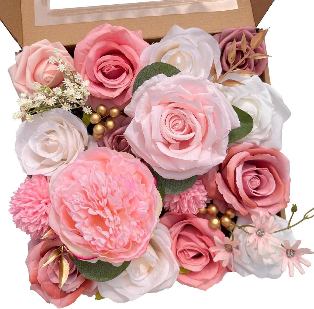 4 x Artificial Cake Flowers, Pink Fake Flowers Silk Peony Roses Flowers with Stems Wedding Bridal Bouquets for Table Centerpieces Floral Arrangement Arch Home Decoration