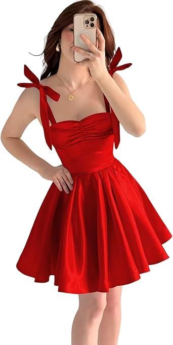 Satin Bow Straps Homecoming Dresses 2025 Pleated Mini Dress A Line Short Prom Dresses for Teens Party Gown,S