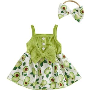 Kayotuas Newborn Baby Girl Summer Clothes Romper Dress Fruit Print Sleeveless Square Neck Bow Jumpsuit Bodysuit with Headband (Green)