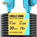 CircleCord 30 Amp 75 Feet RV Power Cord with 90° Right Angle Twist Locking, Heavy Duty 10 Gauge STW Pure Copper Wire with Grip Handle, TT-30P to L5-30R with Cord Organizer for RV Trailer Campers