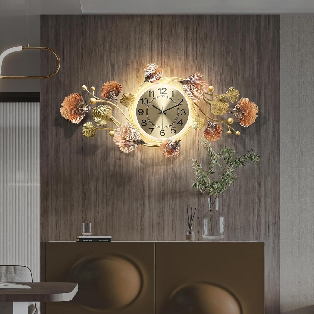 Large Wall Clocks for Living Room Decor with Silent Quartz Movement and 3D Ginkgo Leaf Modern Stylish Decorative Metal Wall Clock for Living Room/Bedroom/Office/Bathroom Wall Art (14''Lx31''W)