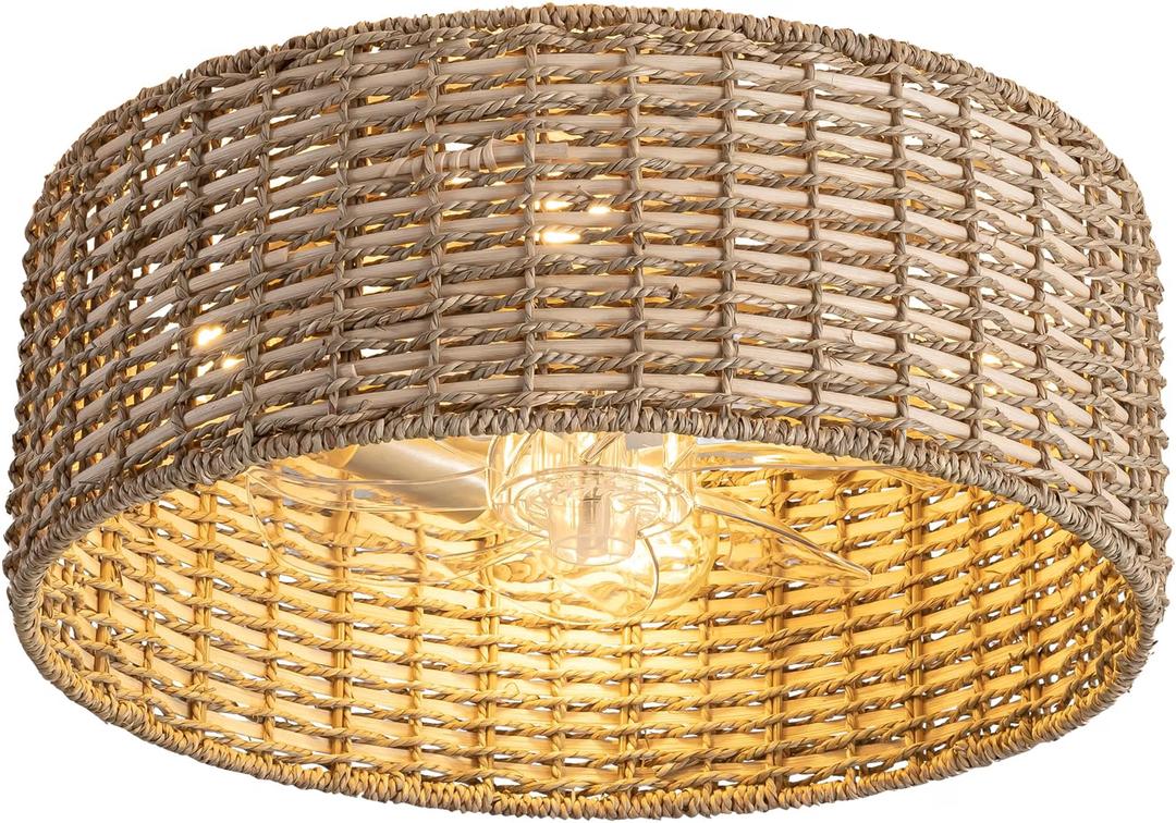 Handwoven Boho Rattan Ceiling Fan with Light,Flush Mount Caged Fandelier