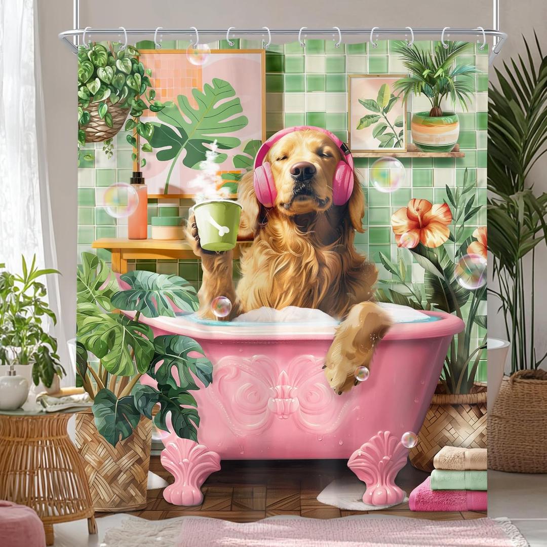 Riyidecor Funny Dog Shower Curtain,Kids Cute Fun Pet in Bathtub,Tropical Leaves Palm Leaf Plant Greenery Hilarious Bubbles Bathroom Decor Fabric Polyester Waterproof 12 Pack Hooks 60Wx72H Inch