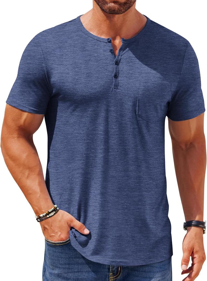 COOFANDY Mens Henley Shirts Short Sleeve Casual T Shirt Plain Slim Fit Henley Stylish Summer Tee Shirts with Pocket (Large, Blue2)