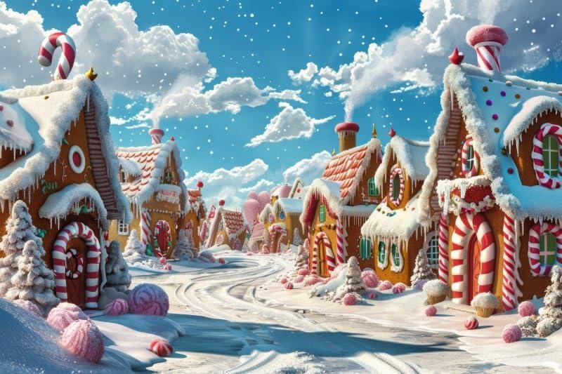 Pnylzzyxh Candyland Christmas Backdrop Christmas Village Town Backdrops for Kids Winter Party Decorations Photography 10x8ft Cartoon House Xmas Holiday Background Baby Shower Studio Props (Blue)