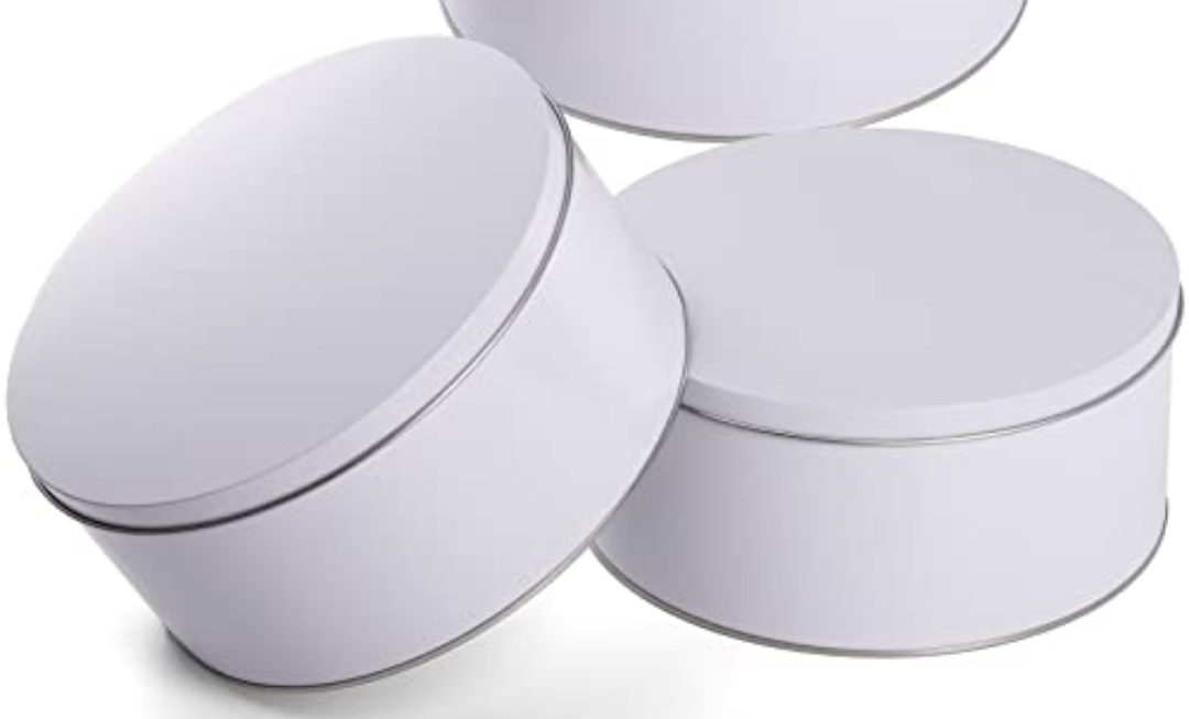 Yopay 2 Pack Cookie Tin with Lid, Round Sturdy Gift Tin, White Baking Cake Container for Storing Patisseries, Snack, Chocolate, Easter, Special Occasion, Holidays, 7" Wide by 3.2" Tall