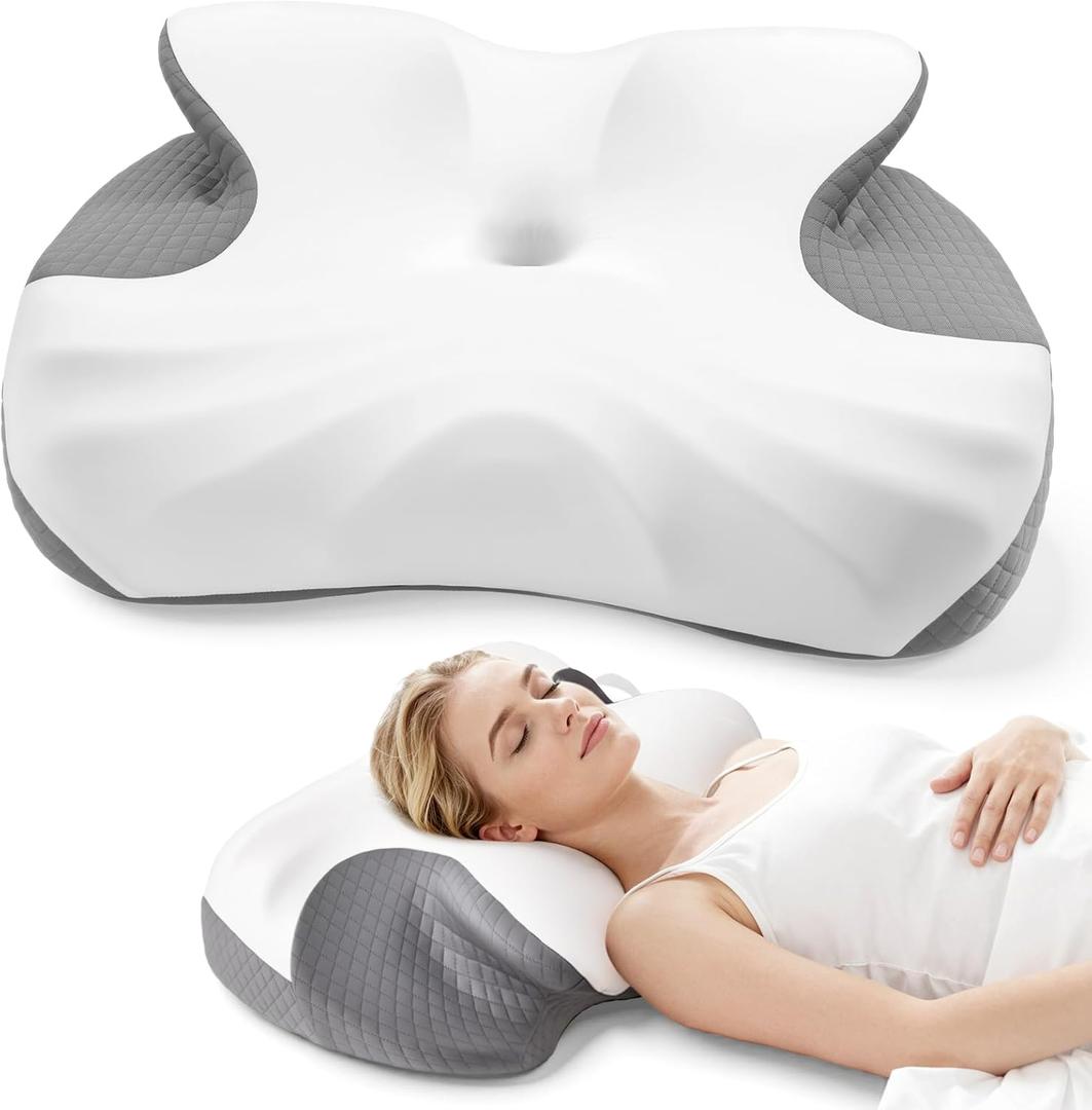 Side Sleeper Pillow, Memory Foam Cervical Neck Pillow, Dual Height Orthopedic Contour Pillow for Neck Support, Ergonomic Pillow for Side Back Stomach Sleepers with Breathable Washable Cover, Gray