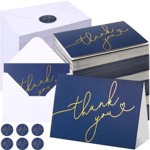Gueevin 200 Pcs Thank You Cards with Envelopes & Foiled Stickers Bulk 3. 5 x 5 Inch Greeting Cards Foiled Thank You Notes for Wedding, Bridal Shower, Business, Graduation and More (Navy Blue)