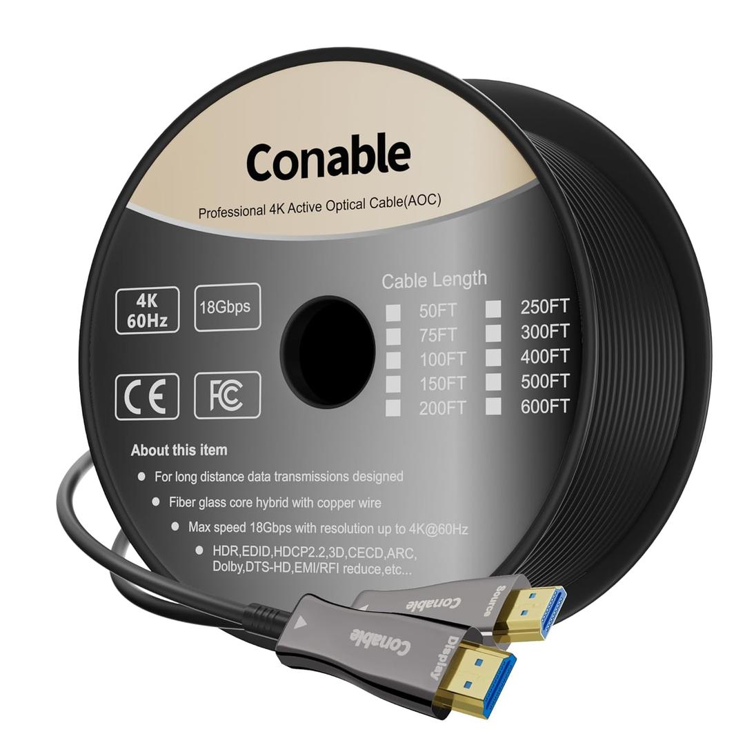 4K HDMI Cable 500 FT, High Speed Fiber Optic HDMI Cable, Unidirectional 18Gbps, Ultra HD, Supports 4K@60Hz, 4:4:4 RGB, HDCP 2.2, 3D ARC, HDR10, Dolby Vision, Zinc Alloy Shell, Slim Cable, OD : 4.8mm