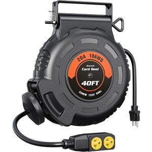 DEWENWILS Retractable Extension Cord Reel, 40FT 10AWG/3C SJTW Heavy Duty Power Cord, 4 Grounded Outlets, 20 Amp Circuit Breaker, 2500W, 180 Swivel Bracket for Ceiling/Wall Mount, ETL Listed