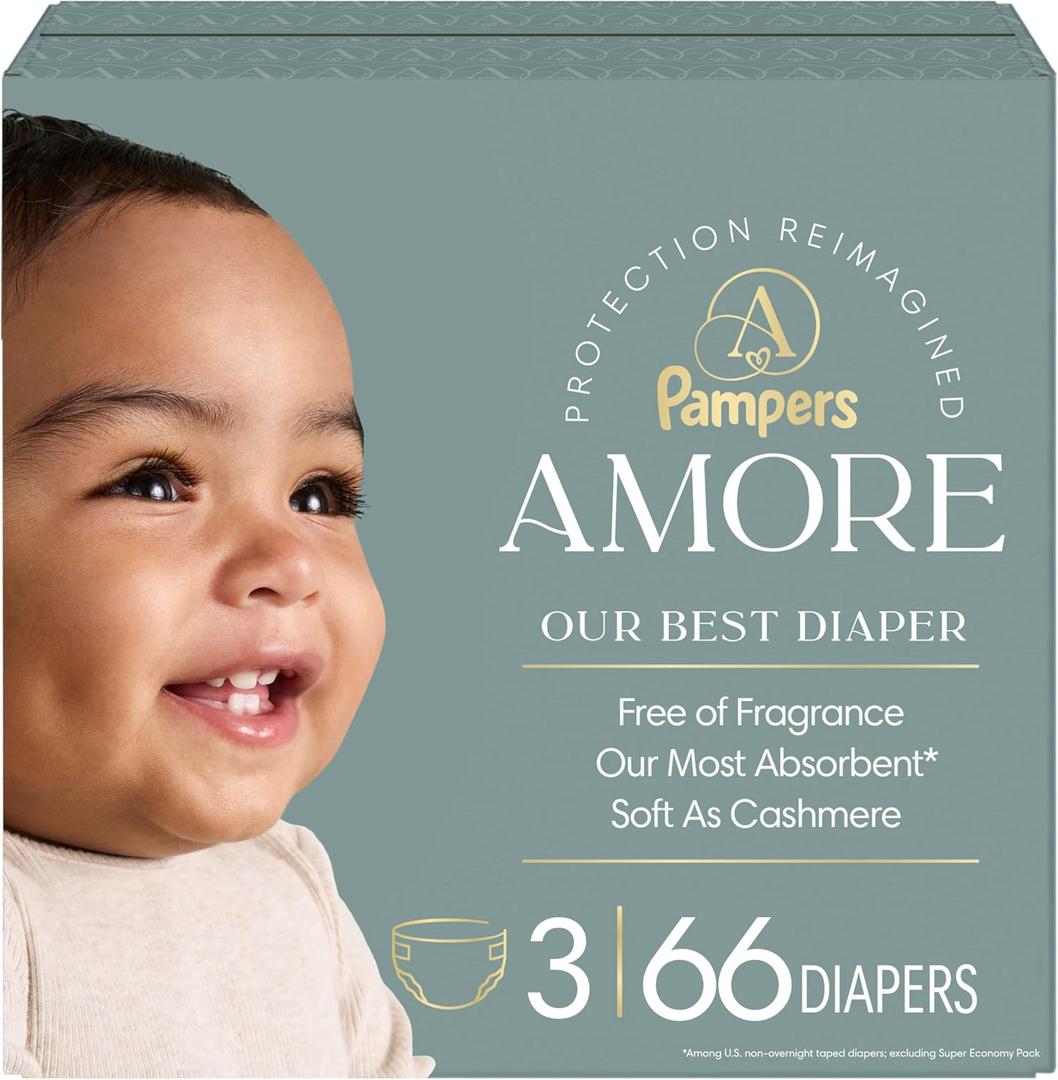 Pampers Amore, Size 3 (13-26 lbs), 66 Count, Our Best Diaper – Hypoallergenic & Fragrance Free, Up to 100% Leakproof, Soft as Cashmere
