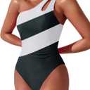 Women One Shoulder One Piece Swimsuit Tummy Control Bathing Suits Modest Full Coverage Cutout Swimwear (X-Large, Black and White)