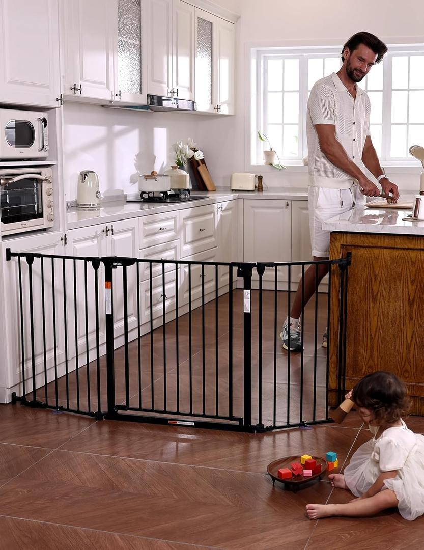 Babelio 71" Extra Wide Baby Gate, 30" Tall Auto Close Dog Fence for Stairs Kitchen Doorways Fireplace, Hardware Mounted Pet Gate Indoor, Foldable 3 Metal Panels, Black