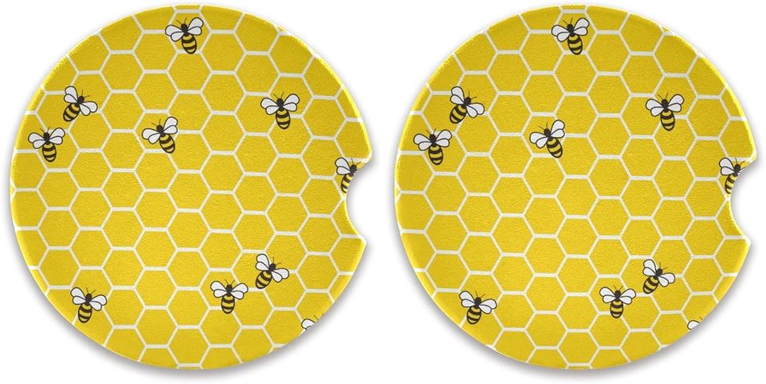 susiyo Car Coasters 2 Pack, 2.5inch Absorbent Ceramic Coaster for Cup Holder (Bees and Honey)