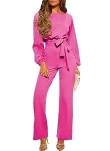 Happy Sailed Women Casual Loose Long Sleeve Belted Wide Leg Pant Romper Jumpsuits X-Large Hot Pink