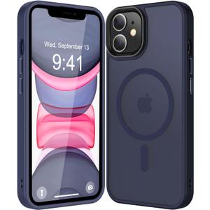 Strong Magnetic for iPhone 11 Case Compatible with Magsafe, [13FT Drop Resistant] Translucent Matte Skin Feeling Back, Aluminum Alloy Keys Shockproof Phone Case, Deep Blue