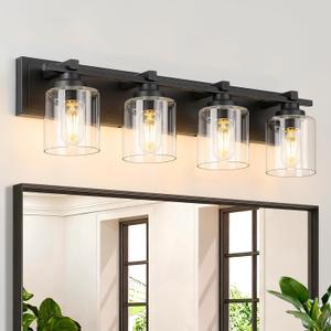 Modern Bathroom Light Fixtures Over Mirror, Vanity Lights for Bathroom Wall Sconces with Clear Glass Shades, E26 Socket (Bulbs Not Included), 4 Light, Black