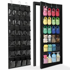Over the Door Shoe Organizer - Space Saving Shoe Rack for Closet Door with 24 Crystal Clear Pockets and Metal Hooks, Shoe Holder Back of Door Organizers for Shoes, Hanging Shoe Organizer (Black)