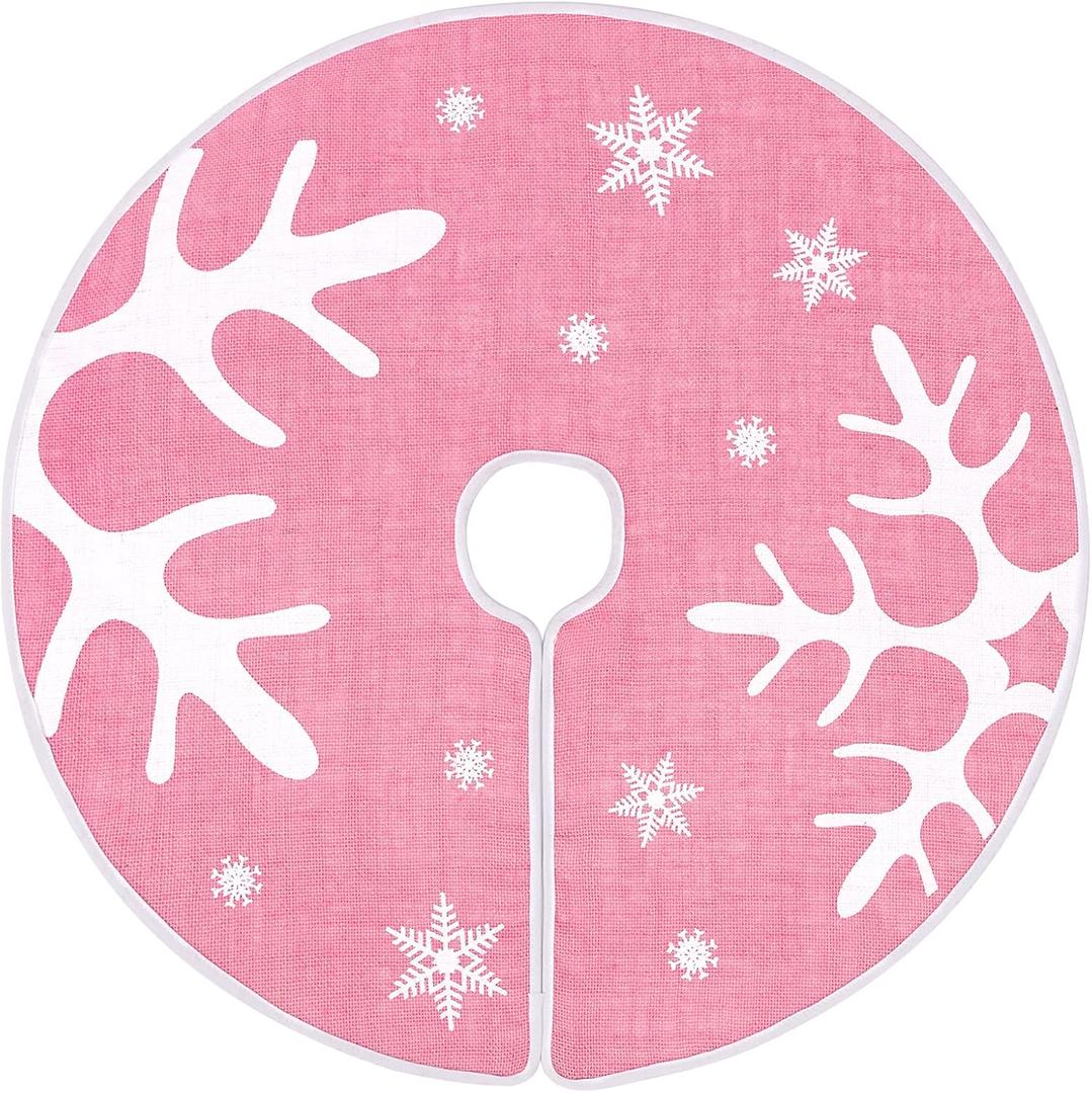 N&T NIETING Christmas Tree Skirt Pink, 30 Inch Rustic Burlap Tree Skirt Decor with Large Snowflakes Printed Xmas Tree Ornament Christmas Holiday Party Decoration, Pink