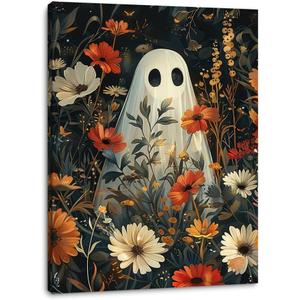 2 x Daktenn Halloween Canvas Wall Art, Cute Floral Ghost In Haunted Forest Poster, Funny Dark Romantic Ghost Print Decorations, Dark Academia Halloween Wall Decor 12x16in White